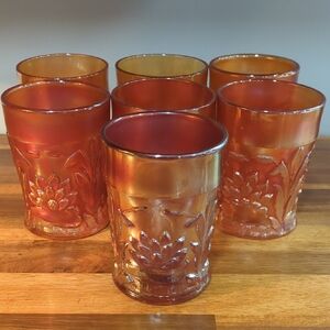 Set Of Seven Antique Fenton Marigold Carnival Glasses. Water Lilly - Catails